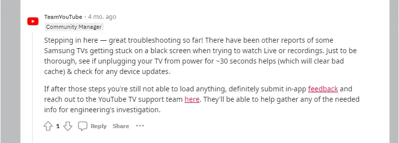 youtube team manager response on youtube not working in samsung smart TV