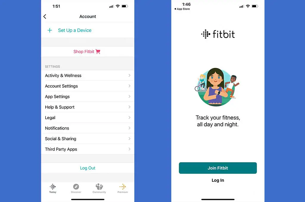 fitbit app login and logout step screenshots