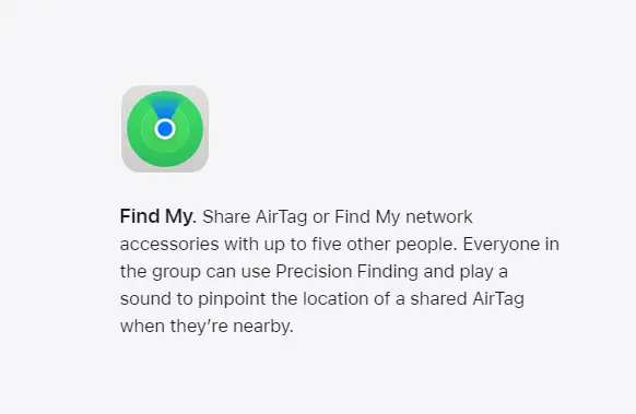 screenshot of the Airtag family share feature specifications on Apple webpage