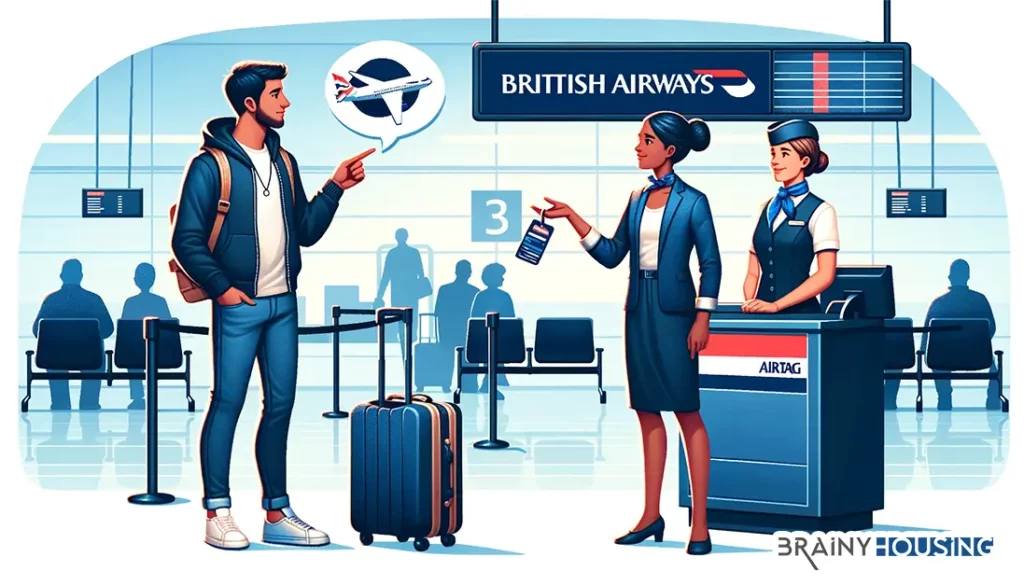 Traveler showing AirTag in carry-on bag at British Airways check-in counter