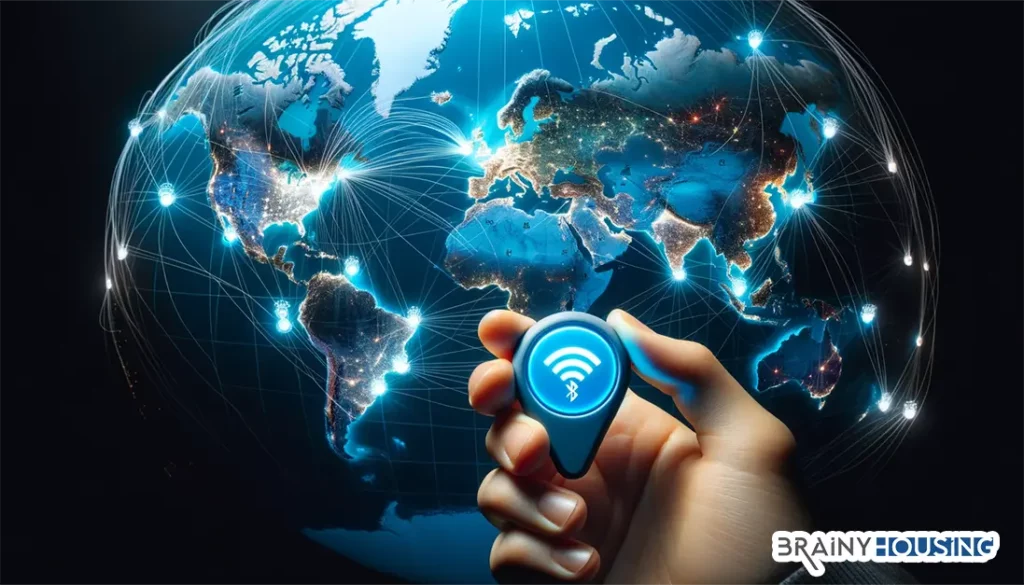Hand holding an AirTag with a world map in the background and a blue Bluetooth signal connecting to various continents.