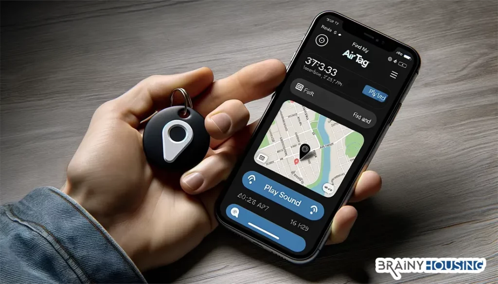 Hand holding AirTag with iPhone displaying its location on the Find My app