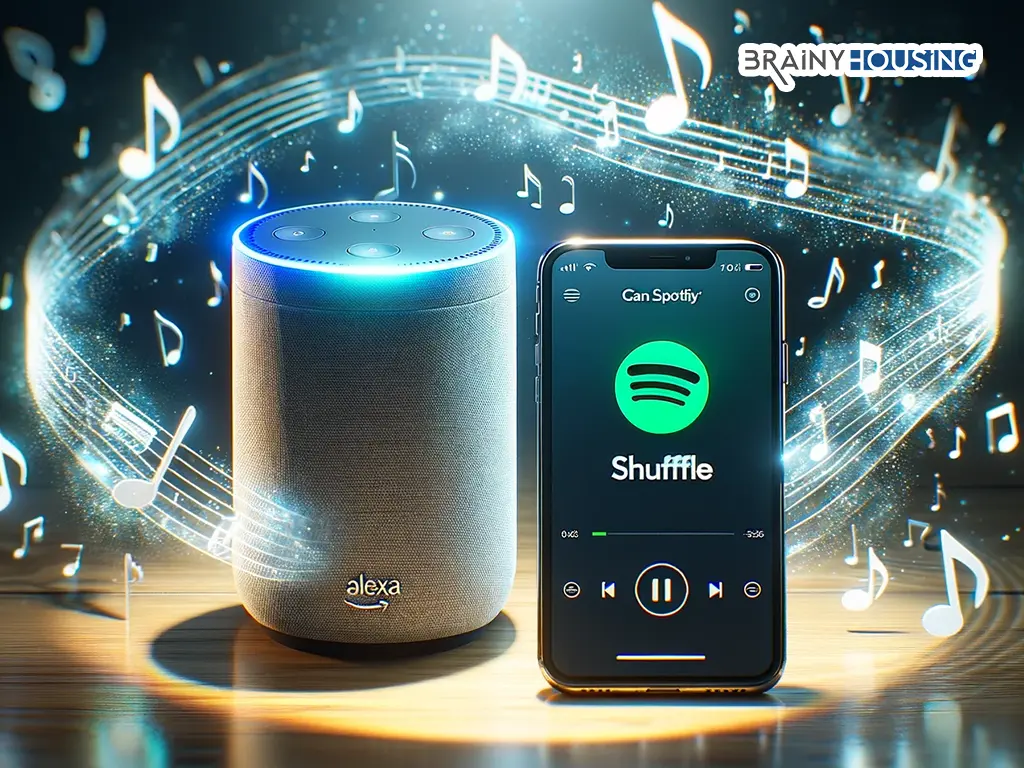 Alexa device and smartphone with Spotify's shuffle icon on a desk with musical notes floating around
