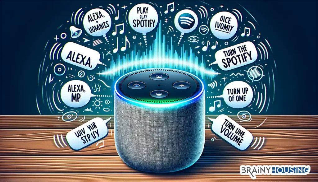 Alexa device surrounded by various voice commands for Spotify playback