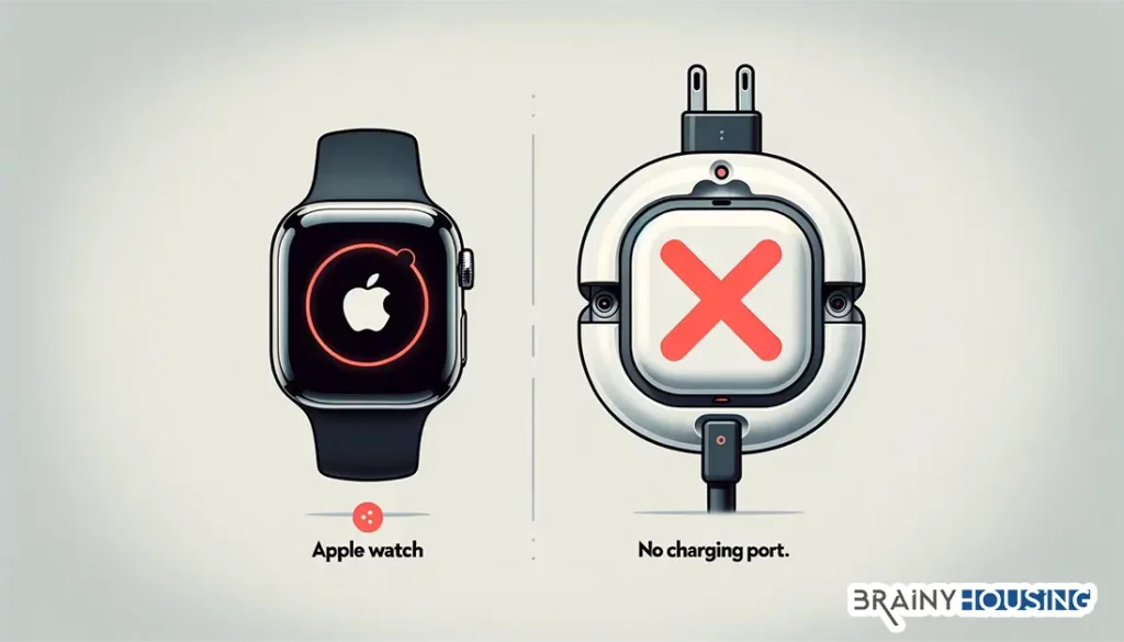 Comparison of Apple Watch charging and an AirTag with a 'No Charging Port' label