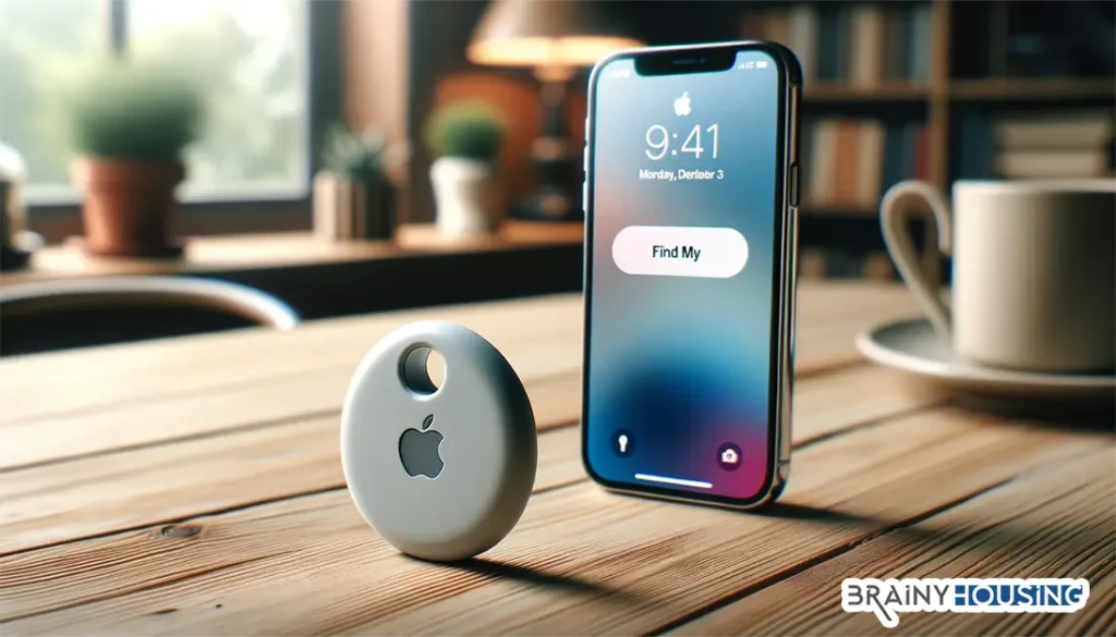Apple AirTag next to an iPhone displaying the 'Find My' app.