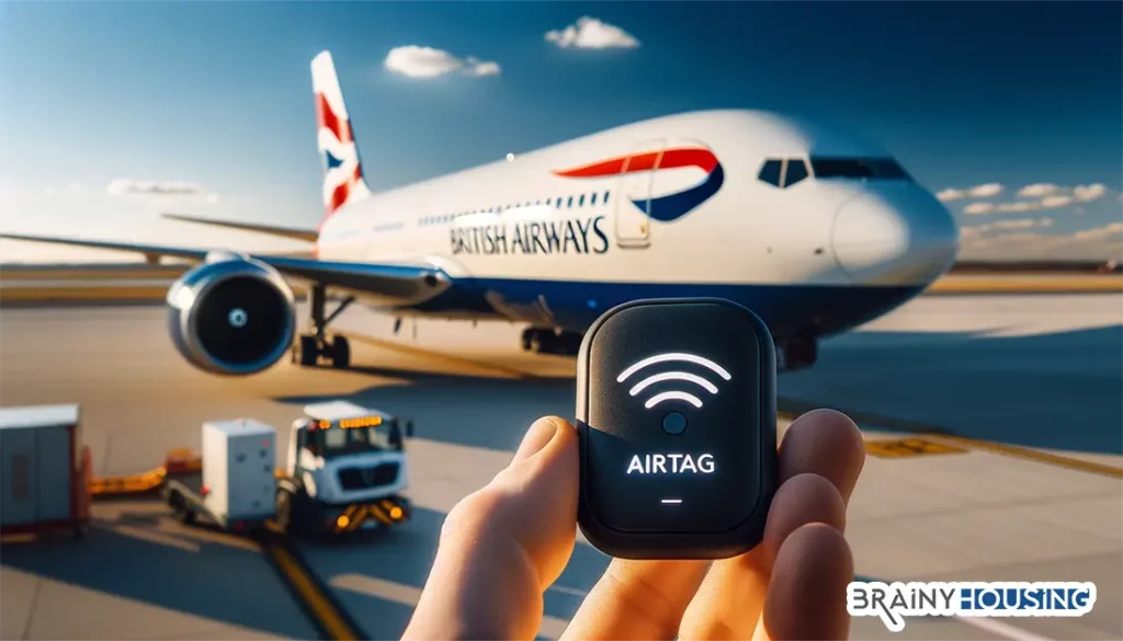 British Airways aircraft with an AirTag in the foreground.