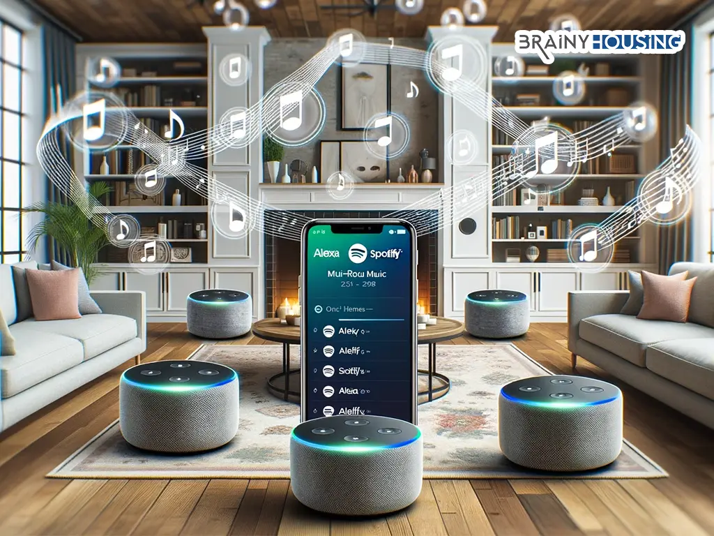 Modern home interior with Alexa devices, musical notes connecting devices, and a smartphone displaying Spotify and Alexa app for multi-room music synchronization.