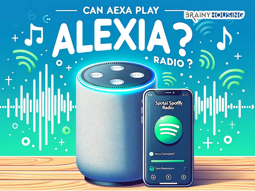Illustration of Alexa device and smartphone with Spotify, showcasing the theme 'Can Alexa play Spotify Radio?