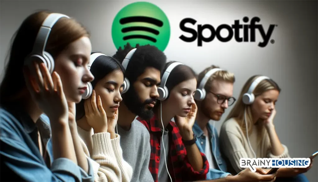 Diverse group of individuals enjoying music on Spotify with a focus on privacy