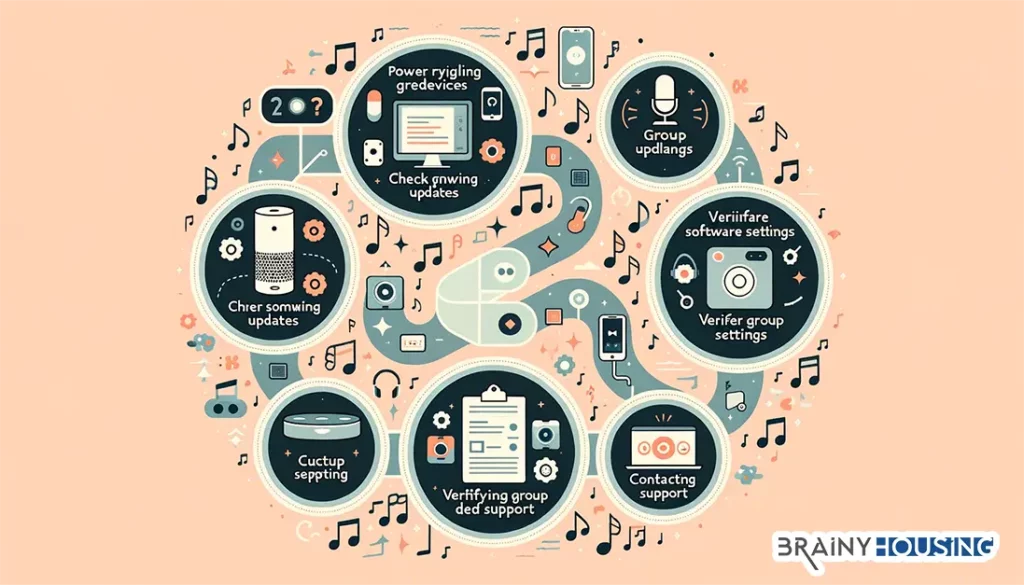 Illustrated troubleshooting flowchart for Alexa multi-room music issues, with icons representing various steps.