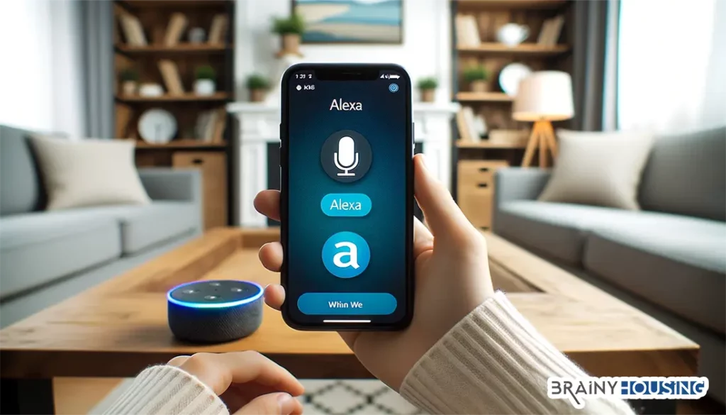 Person using the Alexa app on smartphone with Devices icon visible, Alexa devices in background.