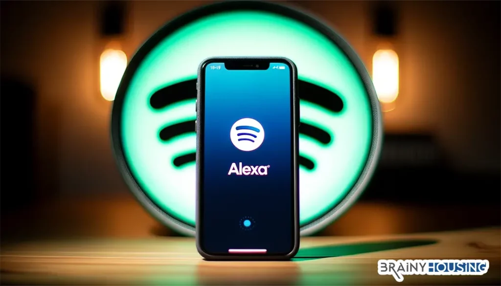 Smartphone showing Alexa app with Spotify logo in the background