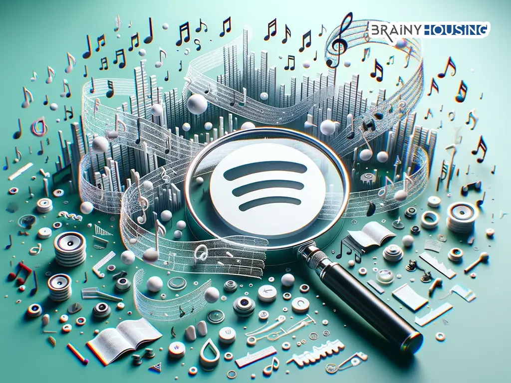 Spotify logo with musical notes and a magnifying glass exploring playlist, representing user privacy and artist insights.