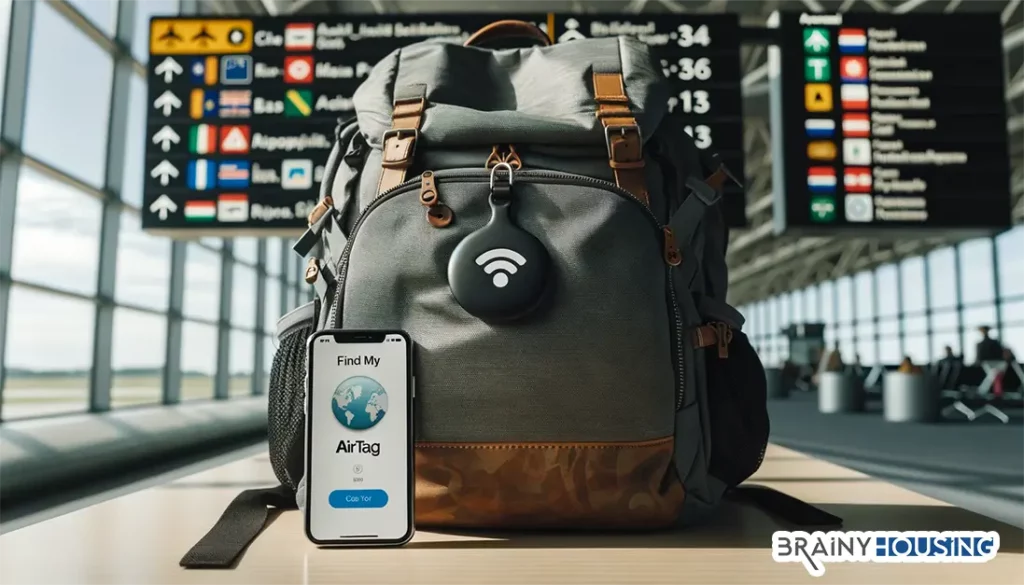 Traveler's backpack with an AirTag attached and an iPhone displaying the Find My app with airport signs in the background.