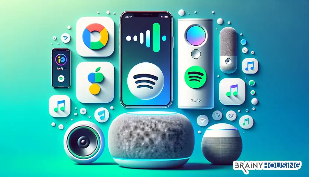 Various devices and logos representing alternatives to controlling Spotify
