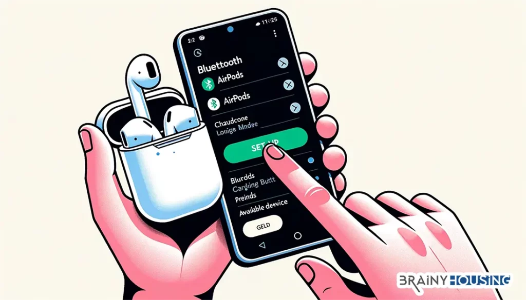 Android phone with Bluetooth settings and AirPods pairing process