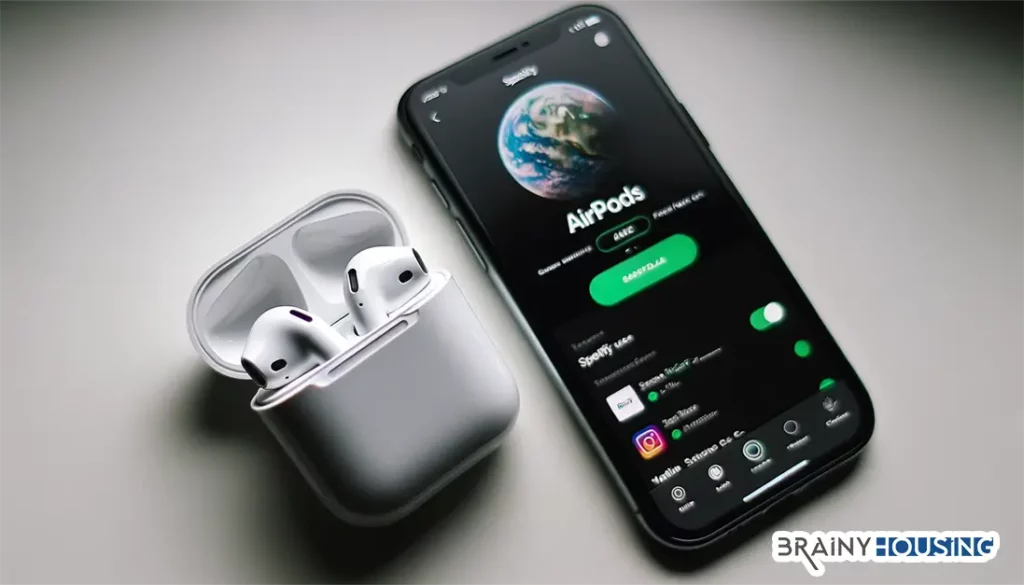 AirPods with iPhone displaying Spotify app