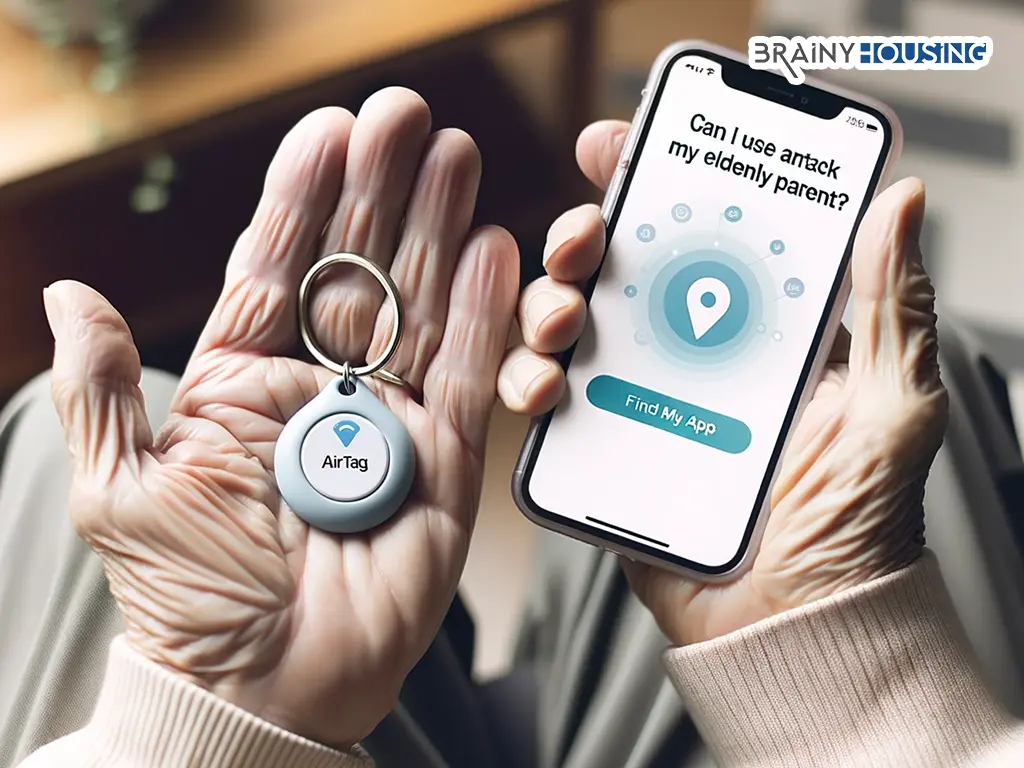 Elderly hand holding AirTag with smartphone displaying Find My app and article title overlay