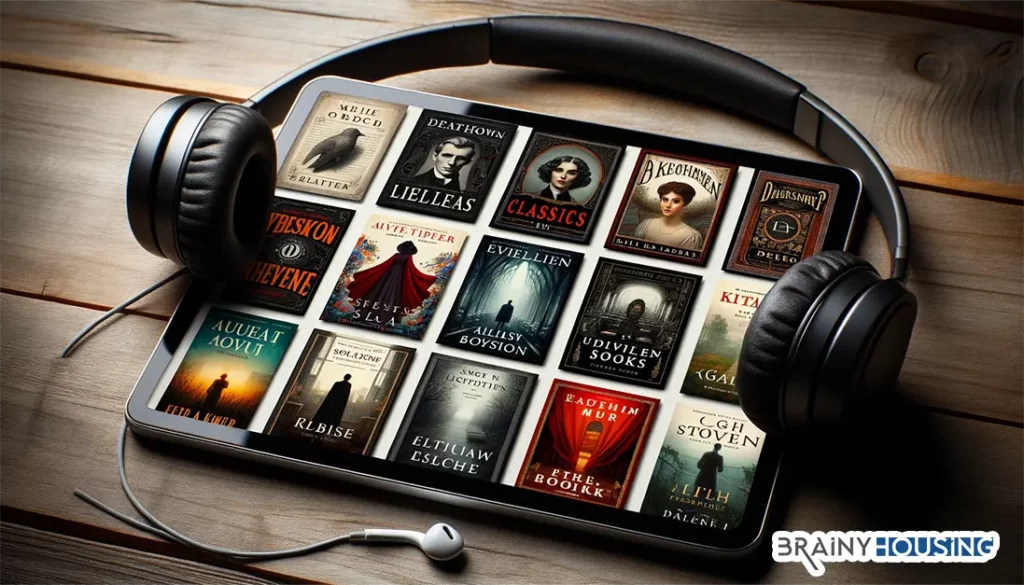 Variety of audiobook covers displayed on a tablet with headphones