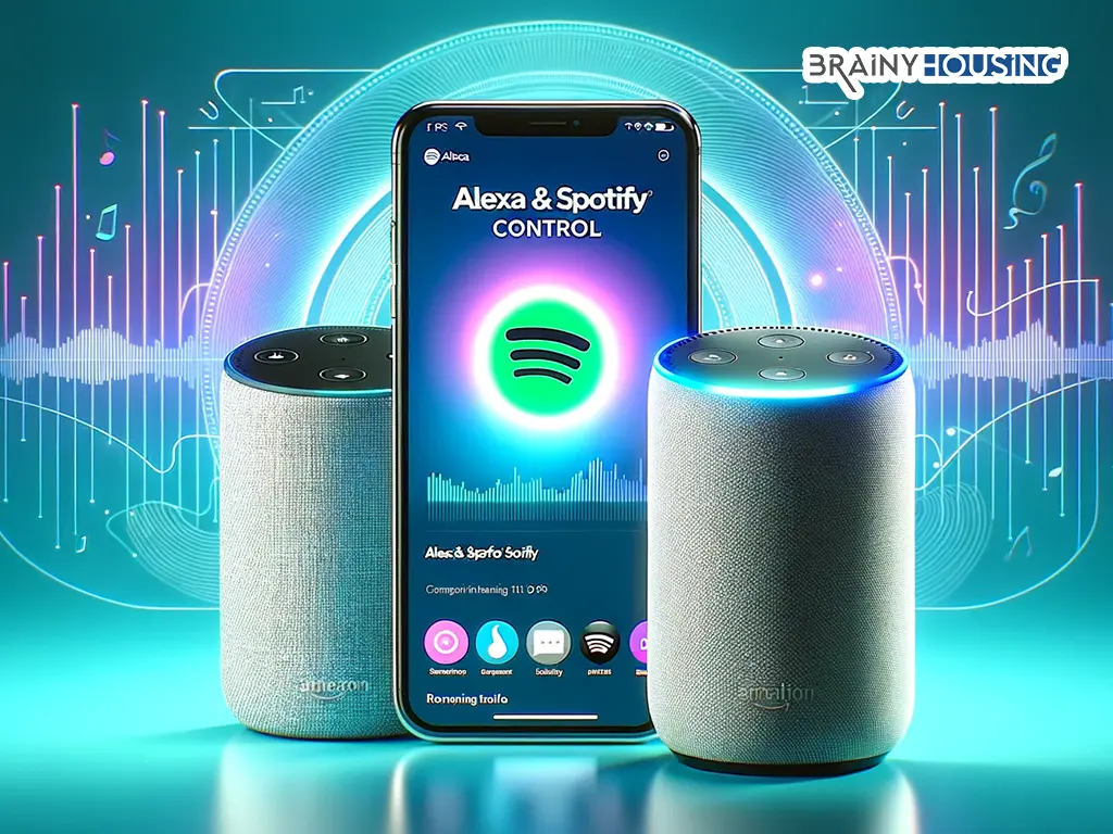 Alexa Echo device with Spotify on a computer and the Alexa app on a smartphone, with overlaid text "Alexa & Spotify Control