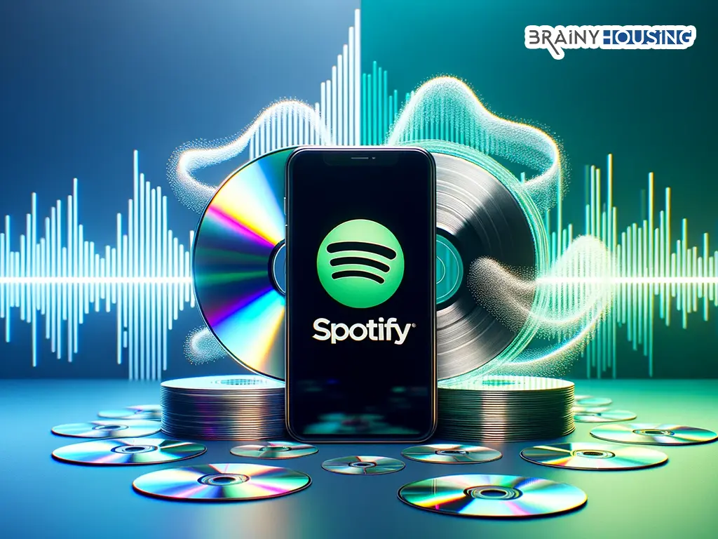 CDs stacked on the left transitioning to a smartphone displaying the Spotify logo on the right with the text "CDs vs. Spotify: The Sound Quality Debate"