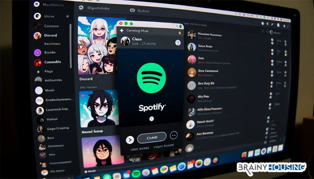Discord interface with an integrated Spotify widget showcasing music sharing among users