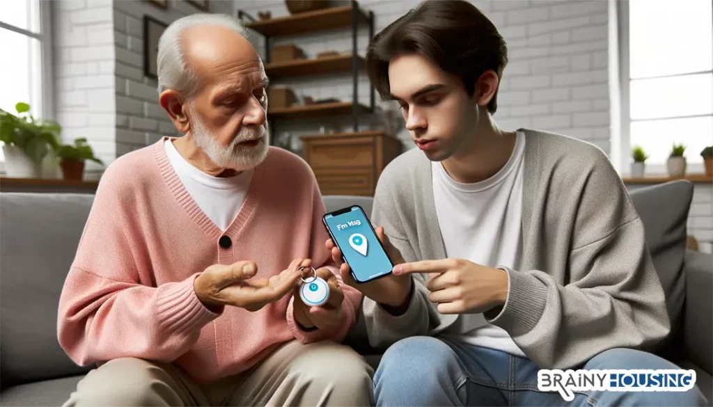 Young adult explaining the Find My app to an elderly parent