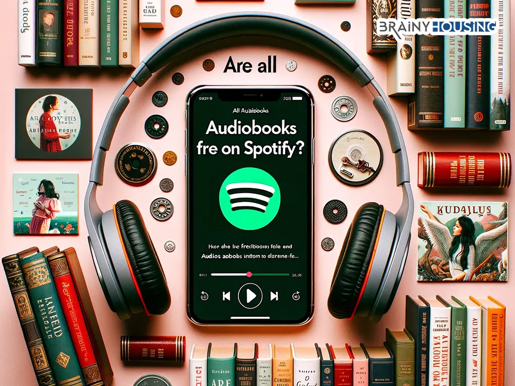 Feature image of the article "Are All Audiobooks Free on Spotify?" showcasing the Spotify app, headphones, and a bookshelf
