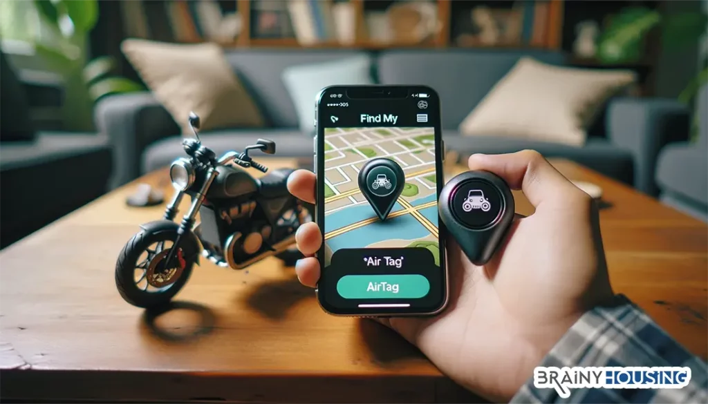 Person tracking motorcycle's location using Find My app with an AirTag