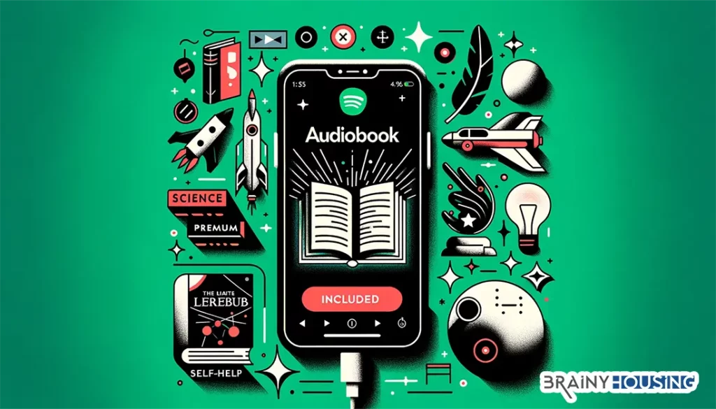 Mobile phone playing an audiobook on Spotify with genre silhouettes