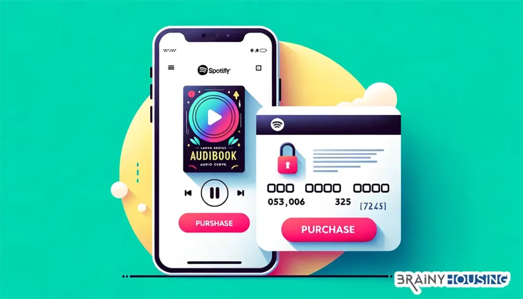 Smartphone showing purchasable audiobook on Spotify with a lock icon and digital credit card