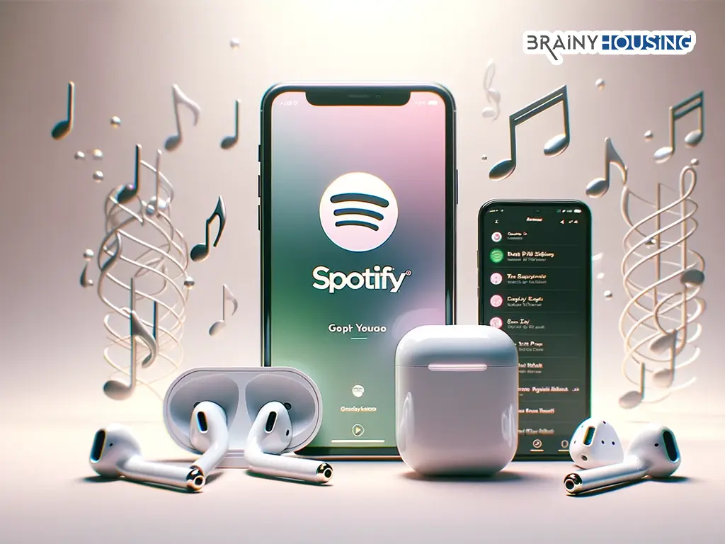 iPhone with Spotify app, AirPods, and Android phone against a musical background