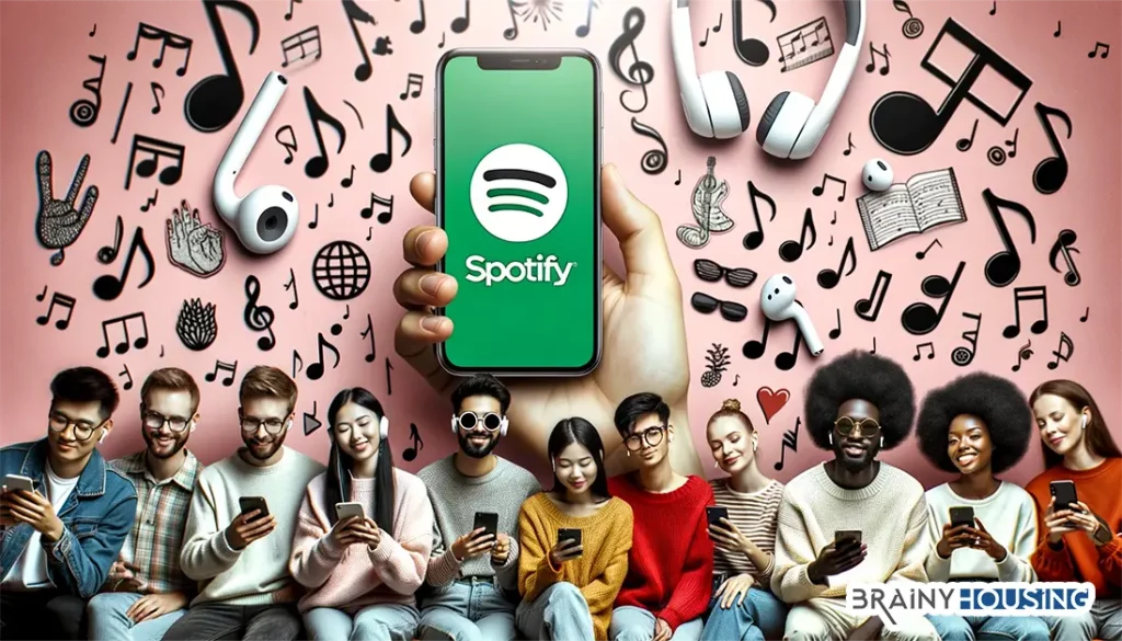 Diverse group of people enjoying music with AirPods and Spotify.