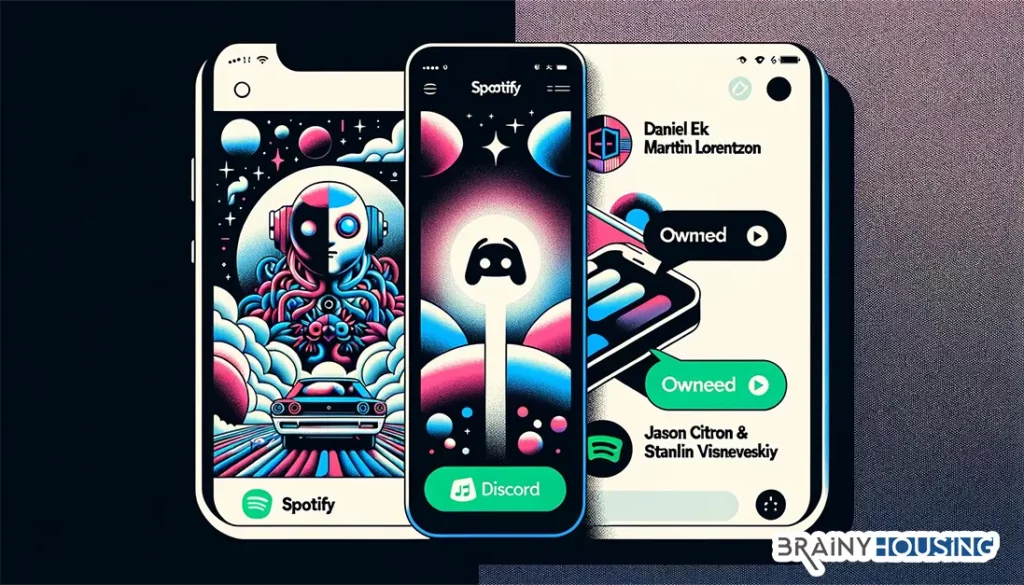 Split screen illustrating the ownership of Spotify and Discord by their respective founders