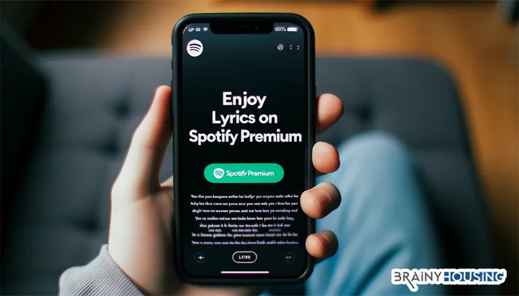 Spotify app interface prompting the user to enjoy lyrics with a Premium subscription